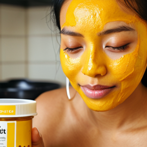 Home 11 **Image Prompt:** Close-up shot of a Malaysian woman's face, glowing with health, applying a DIY turmeric (kunyit) and yogurt face mask in her kitchen. Focus on the vibrant yellow color of the turmeric and the natural textures. Background includes simple kitchen ingredients and reusable containers.