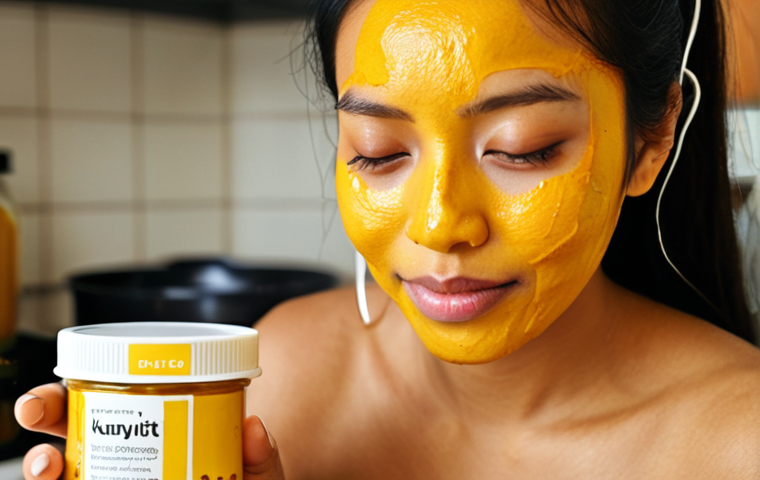 **Image Prompt:** Close-up shot of a Malaysian woman's face, glowing with health, applying a DIY turmeric (kunyit) and yogurt face mask in her kitchen. Focus on the vibrant yellow color of the turmeric and the natural textures. Background includes simple kitchen ingredients and reusable containers.